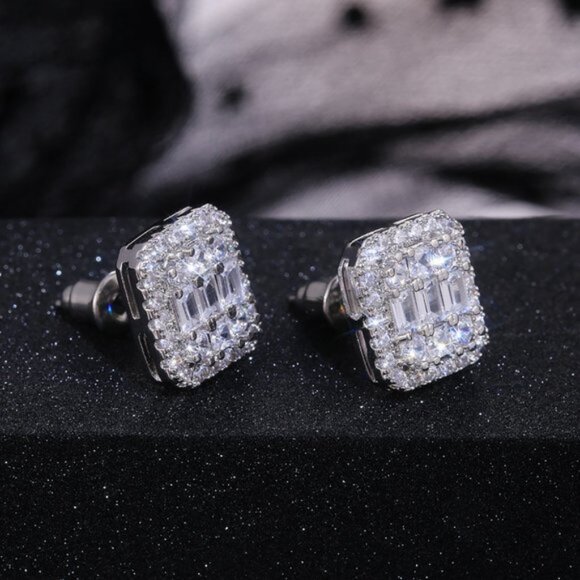 NEW Silver Baguette Round Diamond Stud Earrings - Picture 5 of 7